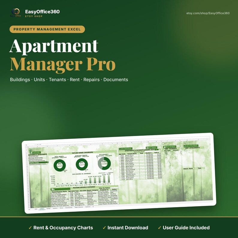 May include: A digital property management Excel spreadsheet titled Apartment Manager Pro, featuring sections for buildings, units, tenants, rent, repairs, and documents. The interface includes data tables, pie charts, and bar graphs on a green background.