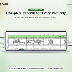 May include: A laptop screen displays a spreadsheet titled Buildings Database with columns for Building ID, Name, Type, Address, City, State, Zip, Country, Floors, and Units. Labels point to specific data fields, and three buttons appear below.