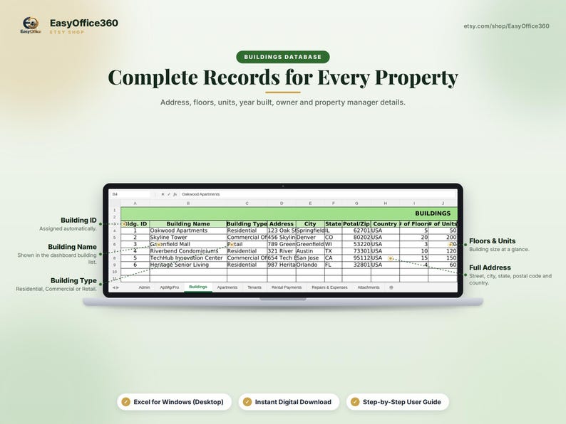 May include: A laptop screen displays a spreadsheet titled Buildings Database with columns for Building ID, Name, Type, Address, City, State, Zip, Country, Floors, and Units. Labels point to specific data fields, and three buttons appear below.