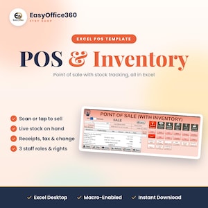 Op de afbeelding: Een Excel POS-sjabloon voor point-of-sale en voorraadbeheer. De afbeelding toont het EasyOffice360-logo, de tekst POS & Inventory en een voorbeeld van een digitale interface met knoppen voor verkooptransacties en bonnen.