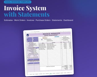 Fakturasystem i Excel-mall med kundutdrag | Uppskattningar, arbetsordrar, fakturor, inköpsorder och försäljningsdashboard | Digital nedladdning