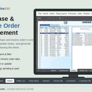 May include: A digital interface for the EasyOffice360 Purchase & Invoice Order Management system displayed on a monitor. The screen shows a spreadsheet with tabs for Admin, Dashboard, Orders, Order List, Order Items, Vendors, and Customer data.