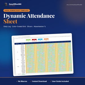 May include: An Excel Power Pivot template for a dynamic attendance sheet featuring a daily log, color-coded grid, slicers, and absenteeism percentage. The interface displays employee names, supervisor columns, and a grid with green, orange, and blue cells.
