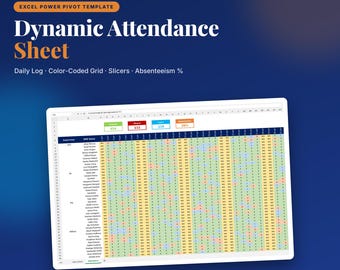 Dynamisk närvarorapport i Excel-mall | Power Pivot månadsrapport, utsnitt och frånvaroprocent | Medarbetarspårning | Digital nedladdning