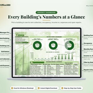 May include: A digital property dashboard spreadsheet displayed on a laptop screen, featuring charts for rent collection, occupancy, and income versus expenses, alongside a detailed building repairs and expenses list with labeled interface elements.
