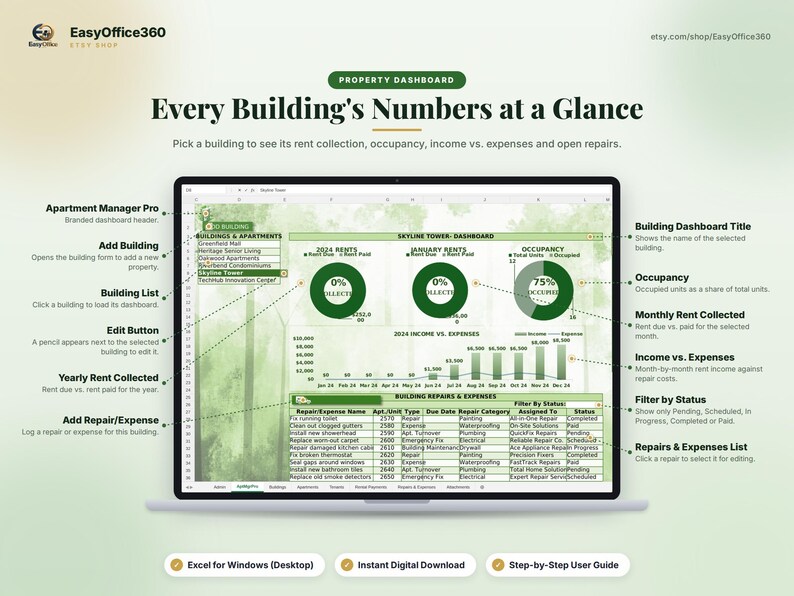 May include: A digital property dashboard spreadsheet displayed on a laptop screen, featuring charts for rent collection, occupancy, and income versus expenses, alongside a detailed building repairs and expenses list with labeled interface elements.
