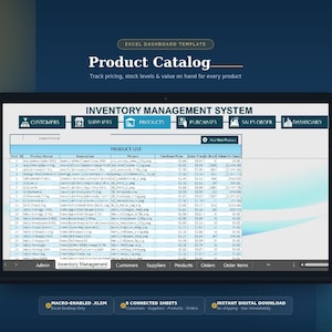 May include: An Excel dashboard template for an inventory management system titled Product Catalog. The interface displays a product list with columns for ID, name, description, price, and stock levels, featuring navigation menus and search functions.