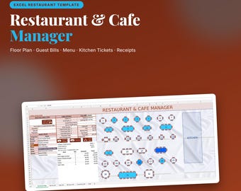 Excel-mall för restaurangchef | Planritning, räkningar, menyer, biljetter (digital nedladdning)