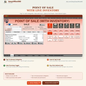 May include: A digital point of sale spreadsheet interface with live inventory tracking. The screen displays product categories, a sales transaction area, receipt details for Fredders Groceries, and buttons for payment, printing, and refunds.
