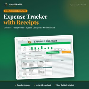 May include: An Excel expense tracker template featuring a digital spreadsheet interface with columns for date, amount, type, and category. The display includes a bar chart for monthly expenses, a receipt folder, and buttons labeled Check for Receipts.