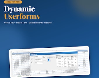 Dynamiskt användarformulär Excel VBA-verktyg | Automatisk datainmatningsformulär för valfri tabell | Länkade poster och bilder | Digital nedladdning