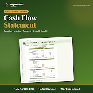 Può includere: Un modello finanziario Excel per un rendiconto finanziario visualizzato su uno schermo. Il documento include sezioni per attività operative, di investimento e di finanziamento con colonne per gli anni 2021 e 2020, con testo per dati annuali e mensili.