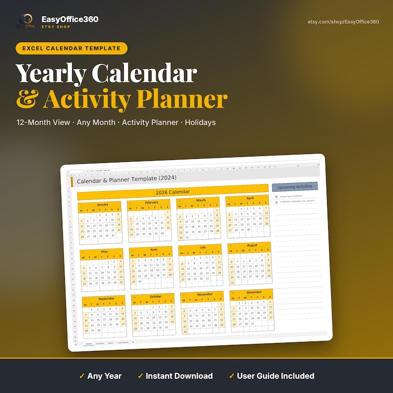 Yearly Calendar Planner Excel Template | 12-month & Any Month Calendar ...