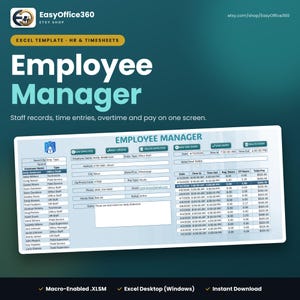 Op de afbeelding: Een Excel-sjabloon voor personeelsbeheer met een digitale interface met velden voor personeelsdossiers, tijdregistratie en loon. Het scherm toont een Employee Manager-dashboard met kolommen voor datums, inlogtijd, uitlogtijd, reguliere uren, overuren en totaal loon.