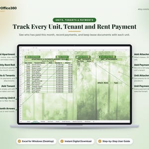 May include: A digital spreadsheet template for tracking units, tenants, and rent payments displayed on a laptop screen. The interface includes columns for apartment numbers, tenant names, and payment amounts, with labels for adding data and attachments.