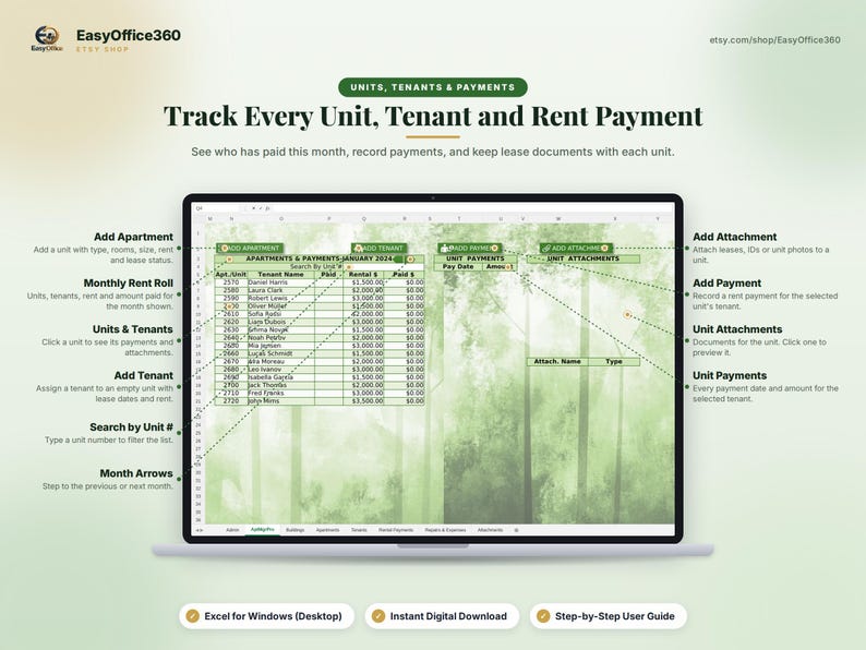 May include: A digital spreadsheet template for tracking units, tenants, and rent payments displayed on a laptop screen. The interface includes columns for apartment numbers, tenant names, and payment amounts, with labels for adding data and attachments.