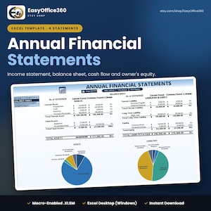 May include: An Excel template for annual financial statements featuring an income statement, balance sheet, cash flow, and owner's equity. The document displays tables and pie charts for assets and liabilities with text labeled Annual Financial Statements.