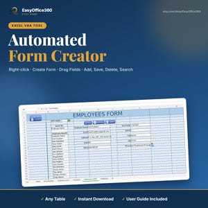 Automated Form Creator Excel VBA Tool | Turn Any Table into a Data Entry Form | Search, Add, Save, Delete | Digital Download