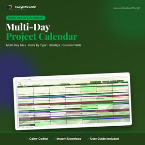 Può includere: Un modello di calendario di progetto Excel digitale con una vista multi-giorno per agosto 2024. L'interfaccia mostra una griglia con barre codificate a colori, campi personalizzati e indicatori di festività. Testo: Multi-Day Project Calendar.