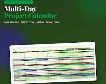 Excel-mall för flerdagarsprojektkalender | Färgkodade projektstaplar, månadsschema, helgdagar, anpassade fält | Digital nedladdning