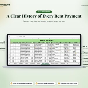 May include: A laptop screen displaying a spreadsheet titled RENTAL PAYMENTS with columns for Payment ID, Building Name, Tenant Name, Unit number, Payment Type, Date, Amount, and Notes. Labels point to specific data fields for tracking rent.