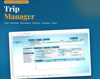 Excel-mall för reseplanerare | Reseplanerare med bokningar, resplan, resedokument, kalender och utgifter | Digital nedladdning