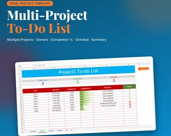 Excel-mall för att-göra-lista för flera projekt | Uppgiftsspårare med ägare, slutförandeprocent (digital nedladdning)