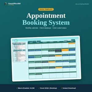 May include: An Excel template for an appointment booking system featuring a monthly calendar, client database, and colour-coded status. The interface displays a grid with scheduled entries, contact details, and navigation buttons on a light blue background.