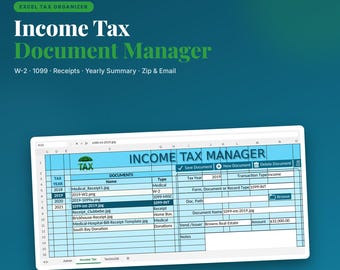 Excel-mall för hantering av inkomstskattedokument | Organisera W-2, 1099 och kvitton per år | Skattesammanfattning, postnummer och e-post | Digital nedladdning