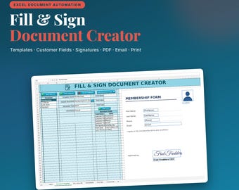 Excel-mall för dokumentskapare med fyllning och signering | Automatisk ifyllning av kunduppgifter, signaturer och foton | Batch-PDF och utskrift | Digital nedladdning