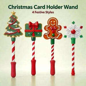 May include: Four Christmas card holder wands with red and white striped handles and solid red bases. The toppers feature a green Christmas tree, a green gift box with a red bow, a brown gingerbread person, and a white snowflake with red accents.