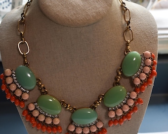 J. Crew Bib Statement Rhinestone Sage Green Coral Pink Cabochons Necklace Costume Jewelry