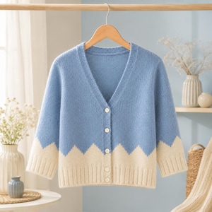May include: A light blue and cream color-blocked cardigan sweater featuring a V-neckline, three-quarter length sleeves, and a front button closure with five white buttons. The garment has a zigzag pattern separating the blue and cream sections.