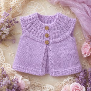 May include: A sleeveless knit vest in a soft lavender color featuring a ribbed yoke and three small, round, light brown wooden buttons down the center front. The garment is constructed with a stockinette stitch body and garter stitch borders.