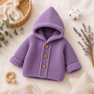 Puede incluir: Un cárdigan de punto de manga larga con capucha en un color morado vibrante. La prenda presenta un patrón de punto bobo texturizado, una capucha puntiaguda y tres botones redondos de madera marrón claro en la parte delantera central.