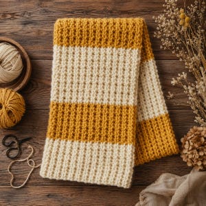 May include: A rectangular knitted scarf featuring alternating horizontal stripes of mustard yellow and cream white yarn. The scarf has a textured ribbed stitch pattern throughout, with clean edges and a consistent weave, displayed as a finished textile item.