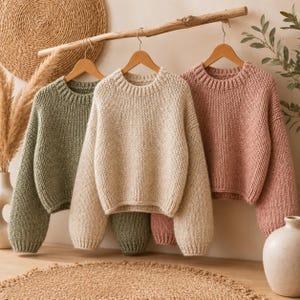 Könnte beinhalten: Drei langärmelige Strickpullover hängen an Holzkleiderbügeln. Die Pullover sind in den Farben Salbeigrün, Creme und Altrosa gehalten. Jeder Pullover verfügt über einen Rundhalsausschnitt, gerippte Bündchen und einen gerippten Saum aus grobem Strick.