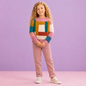 Molde em PDF para suéter infantil com blocos de cores, pulôver infantil patchwork, suéter fácil em ponto jarreteira, tamanhos 6 a 12 anos, download digital.