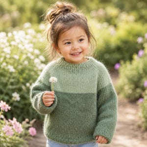 May include: A long-sleeve knit jumper featuring a two-tone colour block design with a lighter sage green upper section and a darker forest green lower section. The garment has a ribbed crew neckline, ribbed cuffs, and a ribbed hemline.