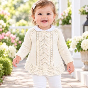 May include: A cream-coloured long-sleeve knit jumper featuring a central chevron pattern, a white rounded collar, and a scalloped hemline. The jumper is paired with plain white trousers, creating a coordinated outfit with a textured knit design.