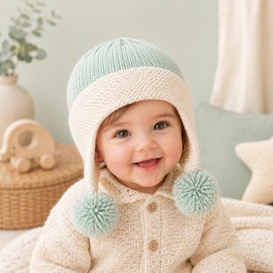 May include: A knitted hat featuring a light mint green crown and a wide cream-coloured band with ear flaps. Two round mint green yarn pom-poms are attached to the ends of the ear flaps. The hat is constructed with a textured stitch pattern throughout.