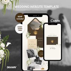 Könnte beinhalten: Eine Hochzeits-Website-Vorlage auf zwei Smartphones mit fünf bearbeitbaren Seiten, RSVP- und Countdown-Timer-Optionen sowie Canva-Kompatibilität. Das Design umfasst florale Akzente, eine Wachssiegel-Grafik und den Text Marie and Jonas.
