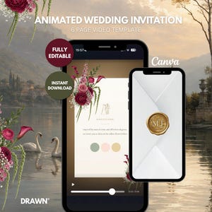 Könnte beinhalten: Zwei Smartphones zeigen eine animierte Videovorlage für eine Hochzeitseinladung. Die Bildschirme zeigen Blumenarrangements, einen Dresscode-Bereich mit Farbmustern und einen weißen Umschlag mit einem goldenen Wachssiegel mit den Initialen MJ.