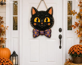 Vintage Halloween Black Cat Door Hanger, UV Printed Plywood Porch Decor