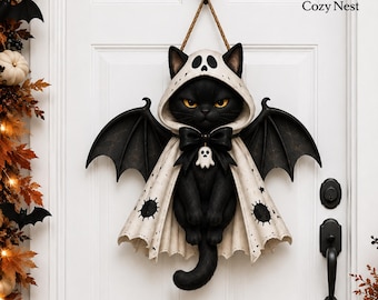Halloween Black Cat Door Hanger, Gothic Bat Witch Wooden Decor, Spooky Porch Decoration