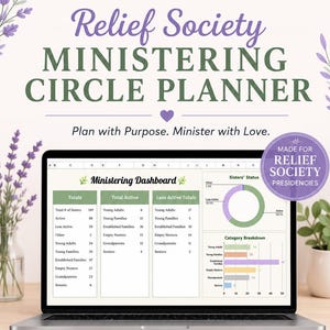 May include: A digital Google Sheets template titled Relief Society Ministering Circle Planner displayed on a laptop screen. The dashboard features data tables, a donut chart, and a bar graph for tracking member status, with icons for organization.