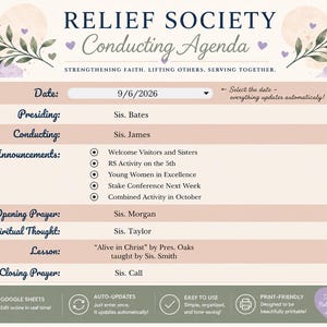 May include: A digital Relief Society Conducting Agenda template featuring a beige and purple floral header with the text Relief Society Conducting Agenda and Strengthening Faith, Lifting Others, Serving Together. The form includes fields for date, presiding, conducting, announcements, prayers, and lesson details.