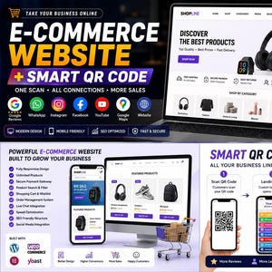 Pode incluir: Uma exibição de marketing digital com um site de e-commerce em um laptop e monitor, ao lado de um smartphone e um suporte de código QR. O layout inclui ícones de redes sociais, gráficos de crescimento e um guia de códigos QR.