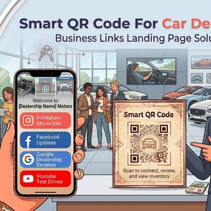 May include: A digital marketing graphic for a car dealership featuring a smartphone displaying a landing page with social media links and a physical sign showing a Smart QR Code. The background illustrates a car showroom with vehicles.