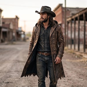 May include: A long brown distressed leather hooded coat with a button-up front, worn over a dark button-down shirt and dark denim jeans. The outfit includes a brown leather belt and a wide-brimmed brown cowboy hat, creating a rugged appearance.